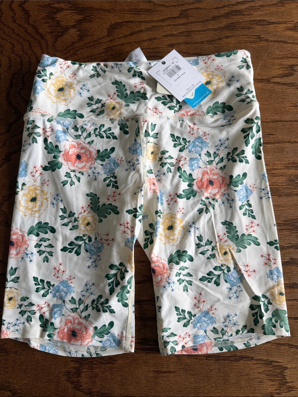 O'Neill Cream Floral High-Waist Swim Shorts with Pink, Blue & Yellow Blossoms